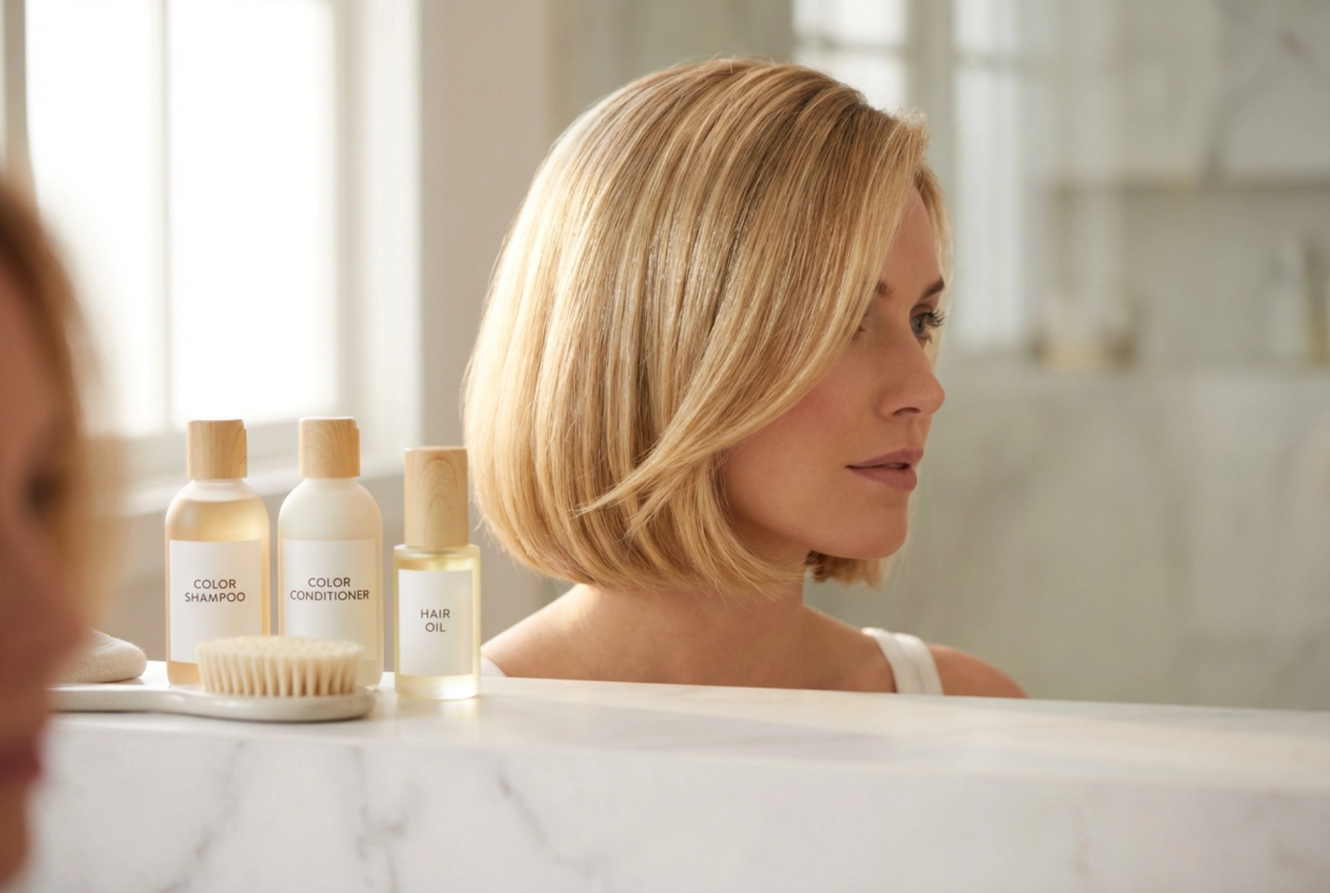 Krátké blond vlasy: styling s ochranou barvy a leskem