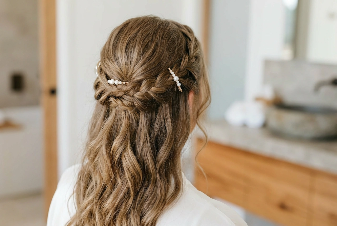 Něžný romantický účes: Měkké vlny, volné copánky a sponky