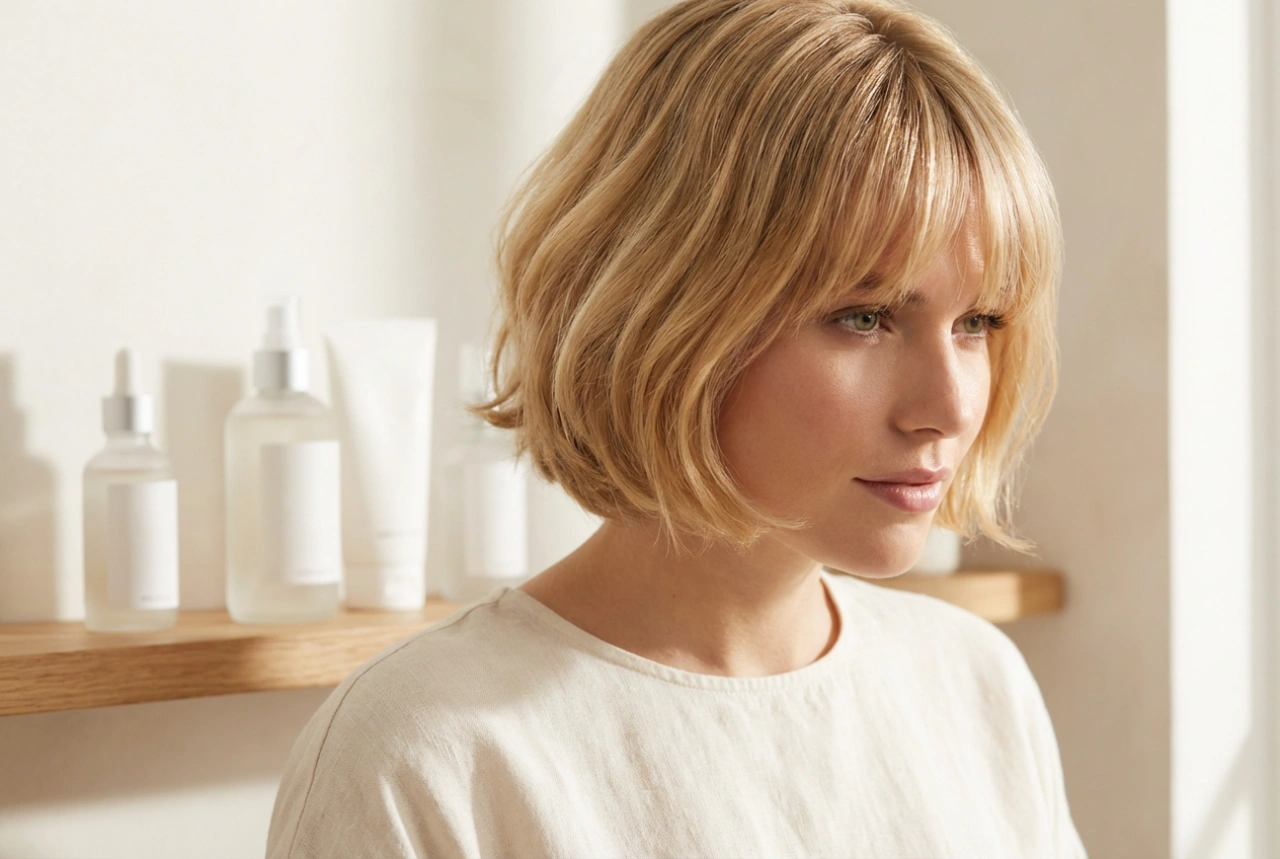 Krátké blond vlasy s ofinou: ochrana barvy a objem