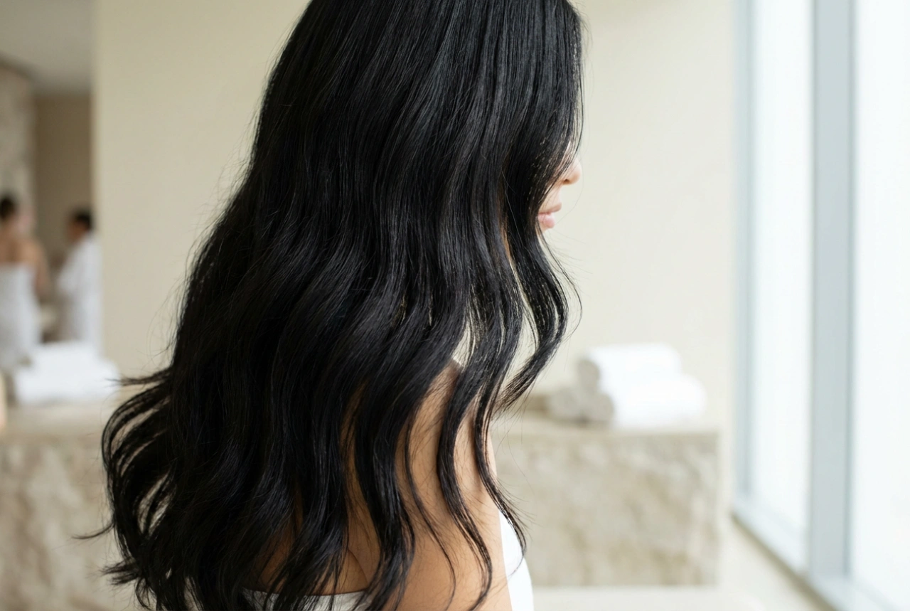 Styling a lehkost: dlouhé černé vlasy bez efektu helmy