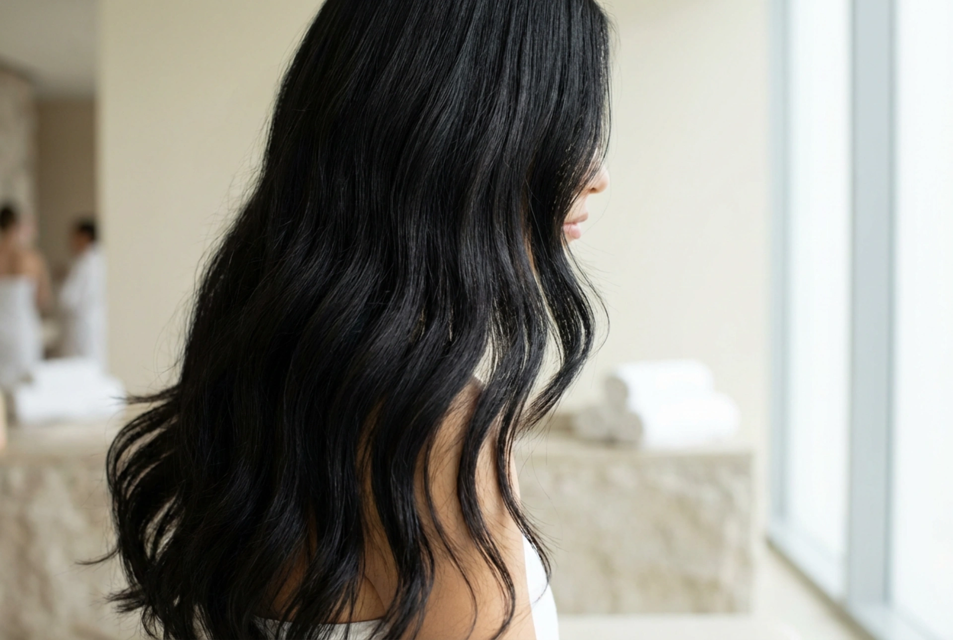 Styling a lehkost: dlouhé černé vlasy bez efektu helmy
