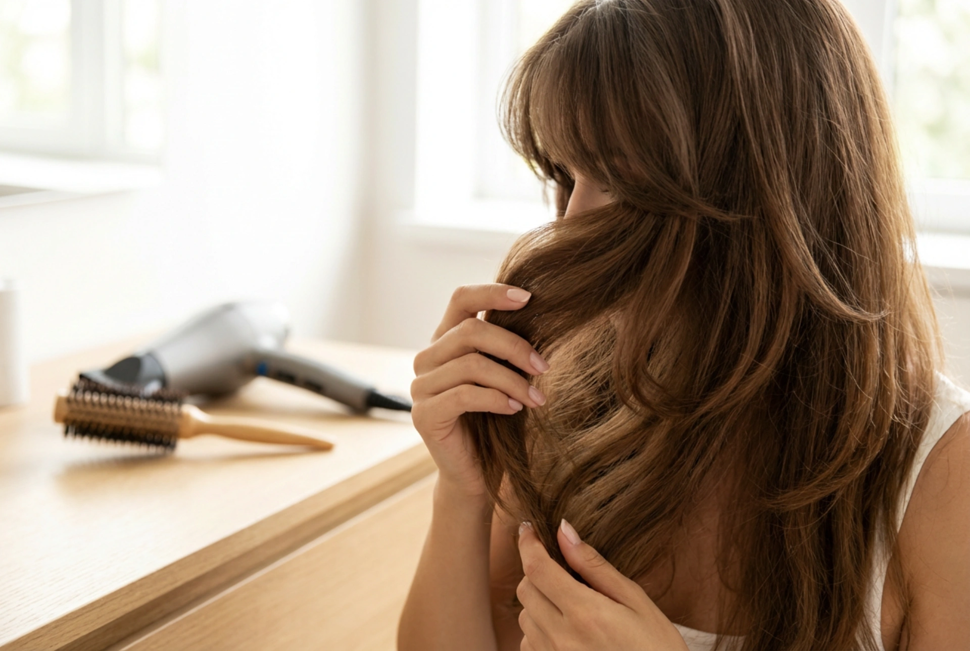 Techniky pro dlouhé vrstvené vlasy s ofinou: fénování a styling