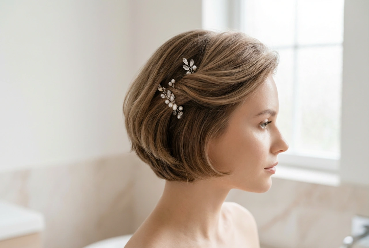 Svatební účesy pro krátké vlasy: Objem, sponky, textura