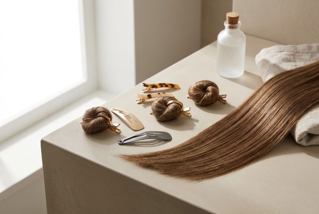 Móda účesů z 90. let: rovné prameny, mini drdůlky, sponky