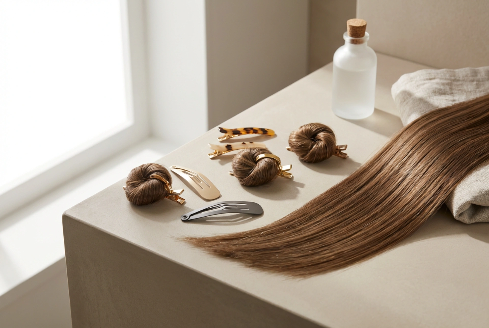 Móda účesů z 90. let: rovné prameny, mini drdůlky, sponky