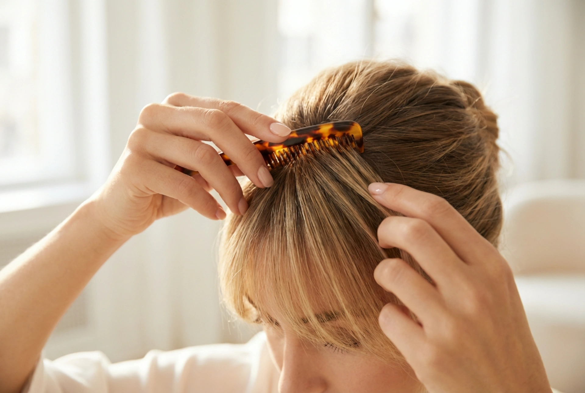 Drdol z ofiny: rychlý účes z krátkých pramenů nad čelem krok za krokem