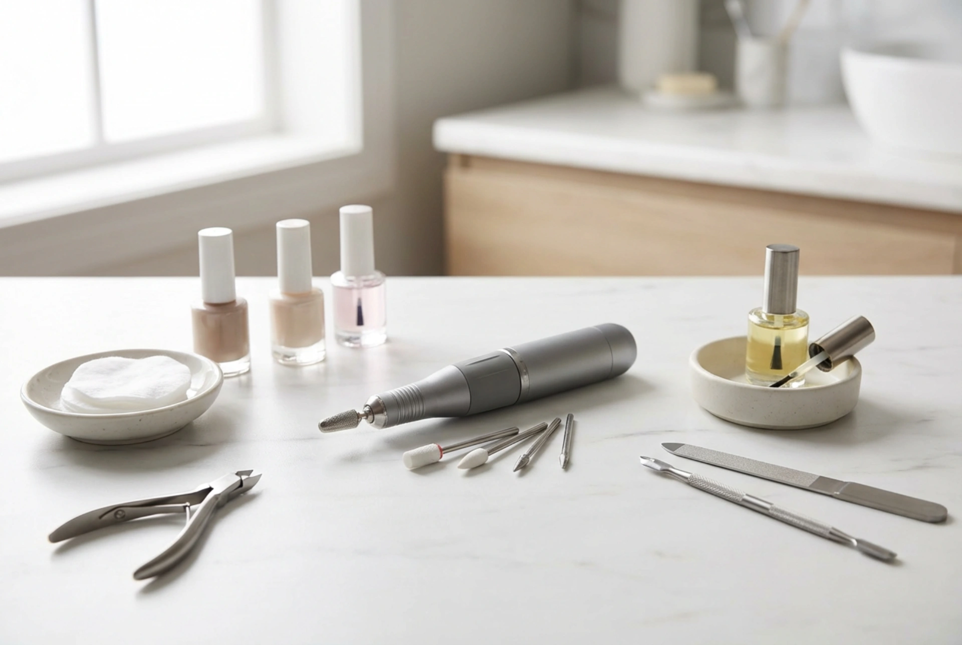 Sada na nehty s bruskou: příslušenství a zásady práce doma