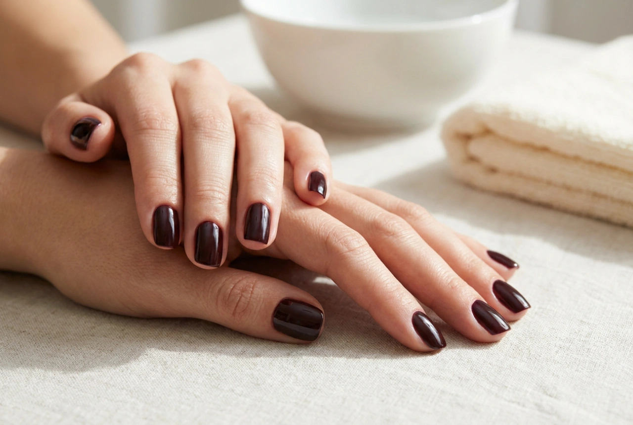 Tmavé gel lak nehty: čisté linie u kůžičky a hloubka barvy