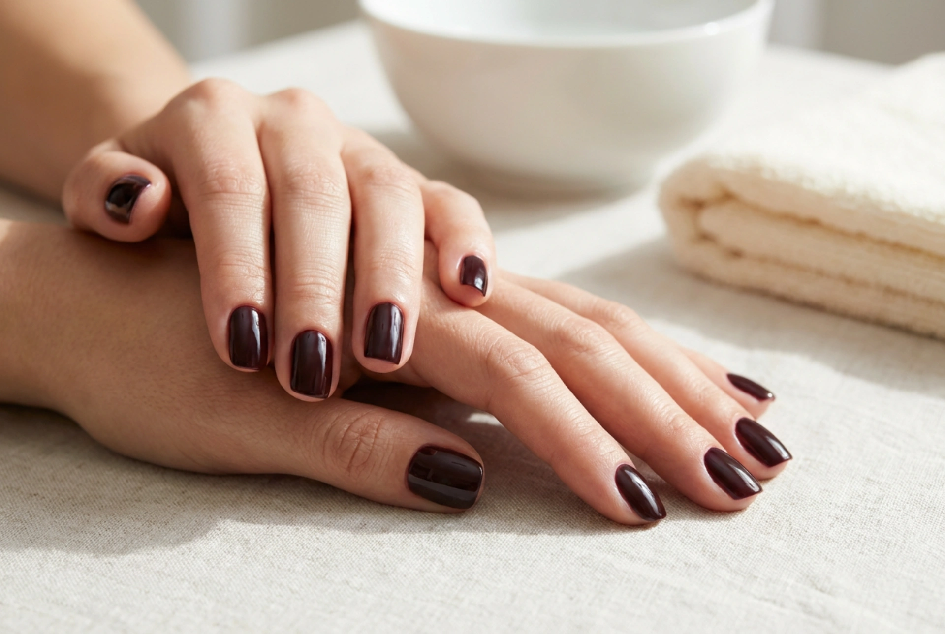 Tmavé gel lak nehty: čisté linie u kůžičky a hloubka barvy
