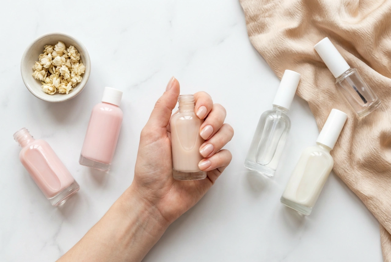 Hybridní manikúra v přirozených barvách: stavební báze, mléčné odstíny a finální úprava