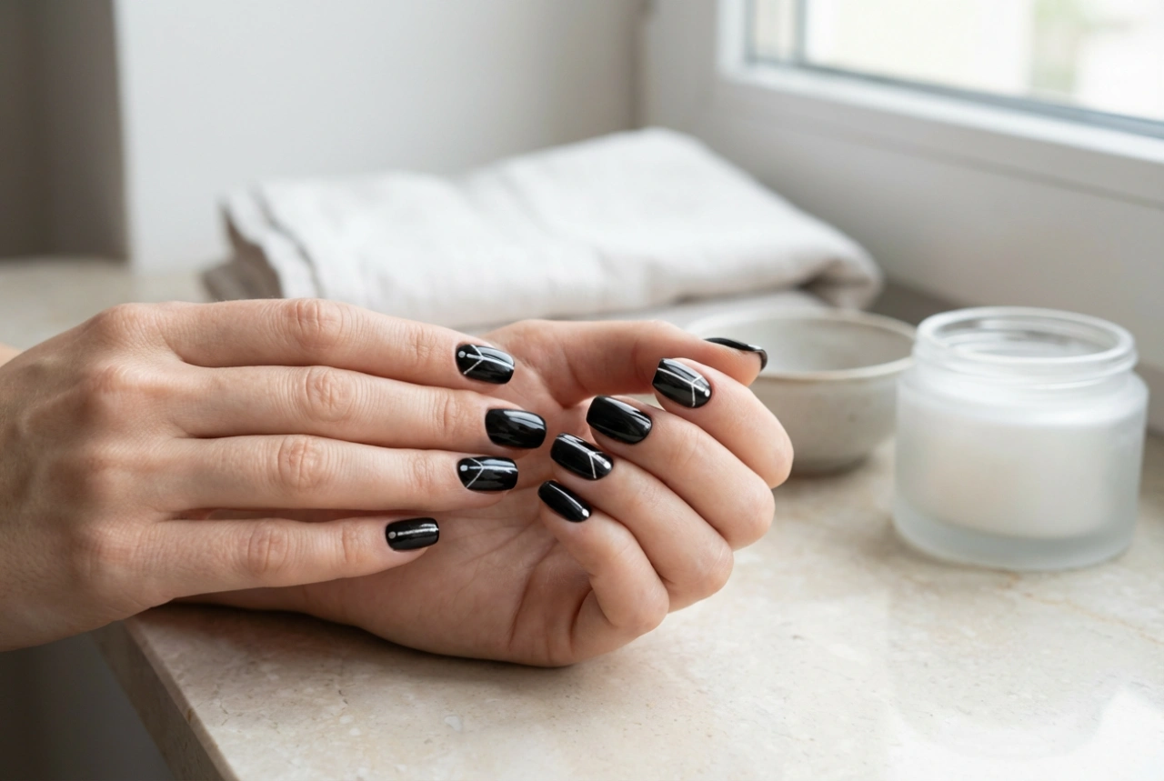 Černé nehty se stříbrem krok za krokem: zdobení a konečná úprava