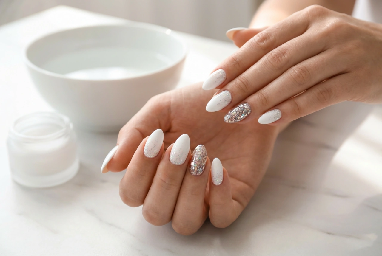 Bílé nehty se třpytkami: od jemných akcentů po plné krytí