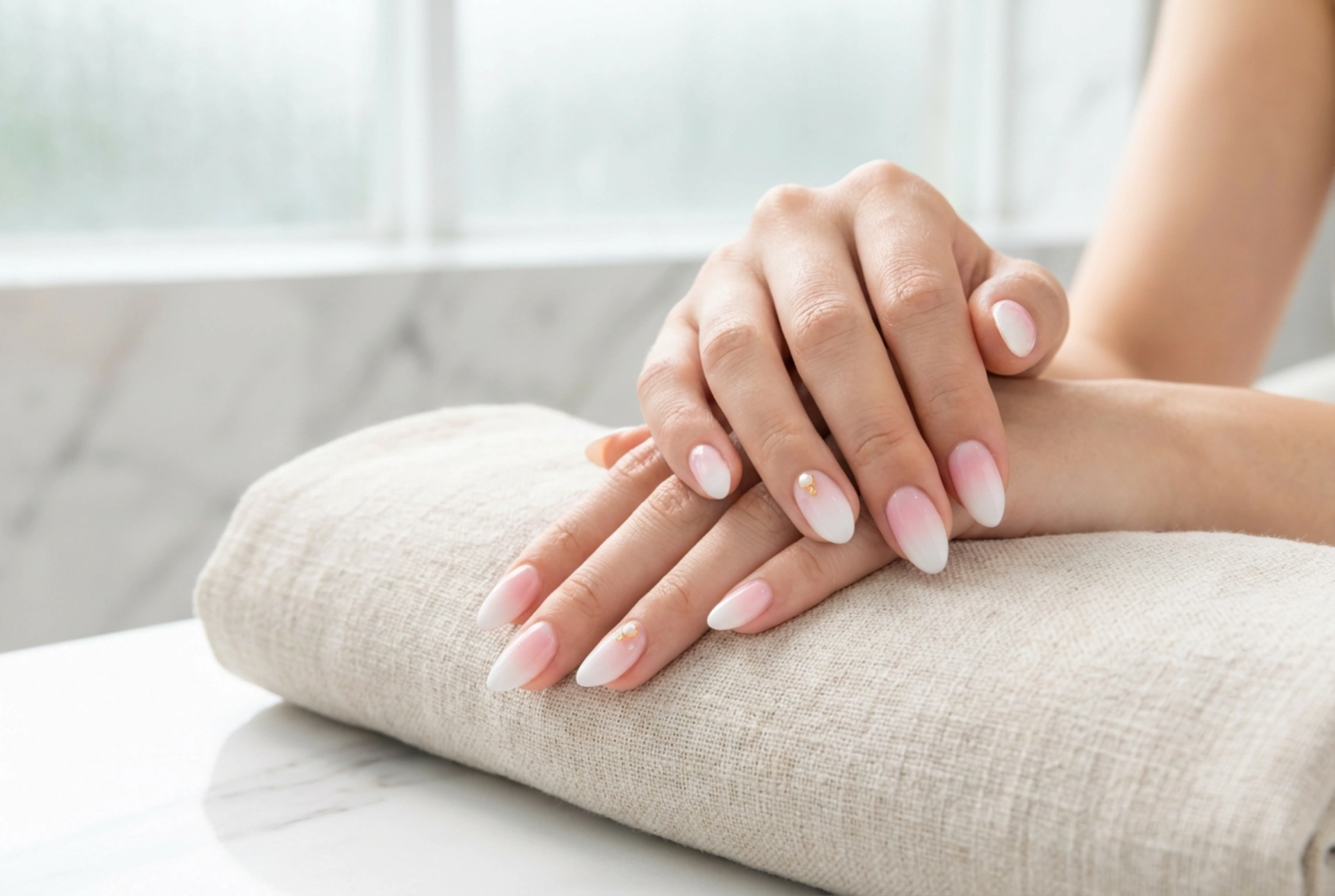 Bílé a růžové nehty: jemné kombinace, ombre a zdobení