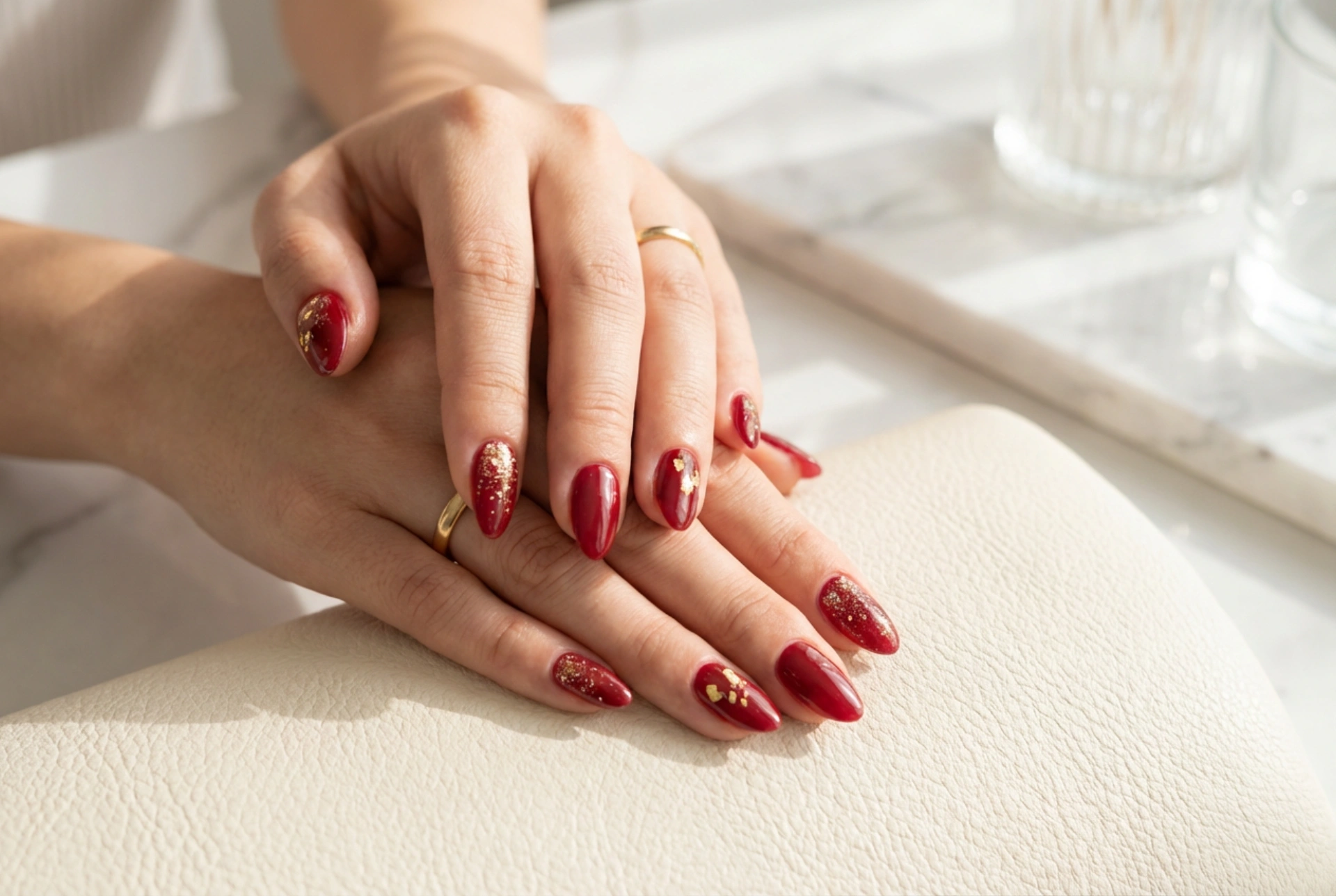 Červené nehty se zlatem: třpytky, fólie a zdobení krok za krokem