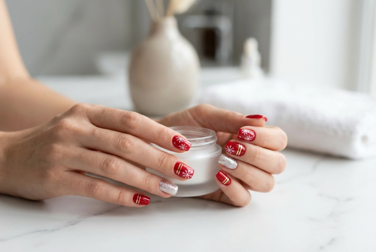 Vánoční červené nehty: sněhové vločky, proužky a třpytivý akcent