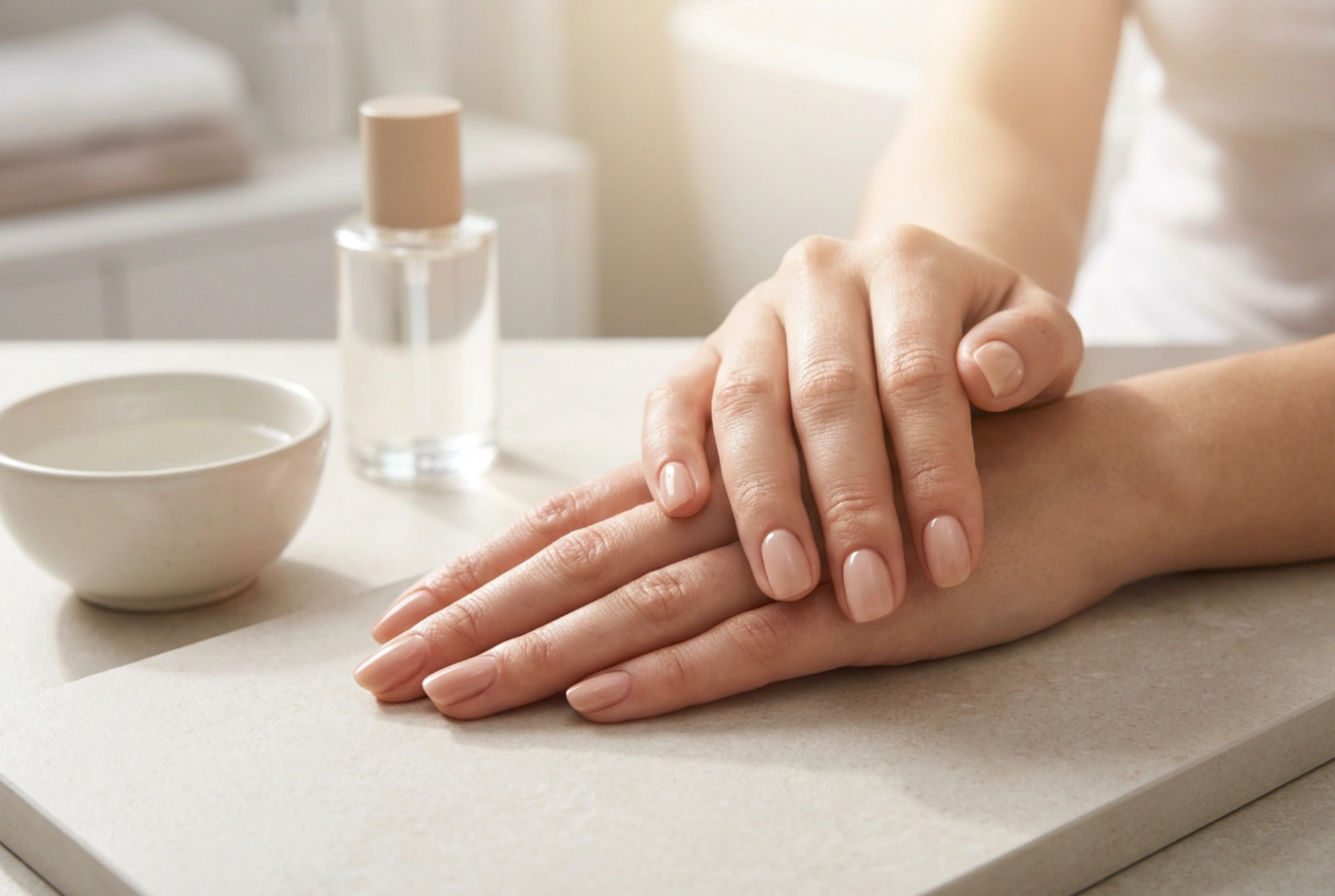 Nude hybridní nehty: výběr odstínu, perfektní linie kůžičky a lesk
