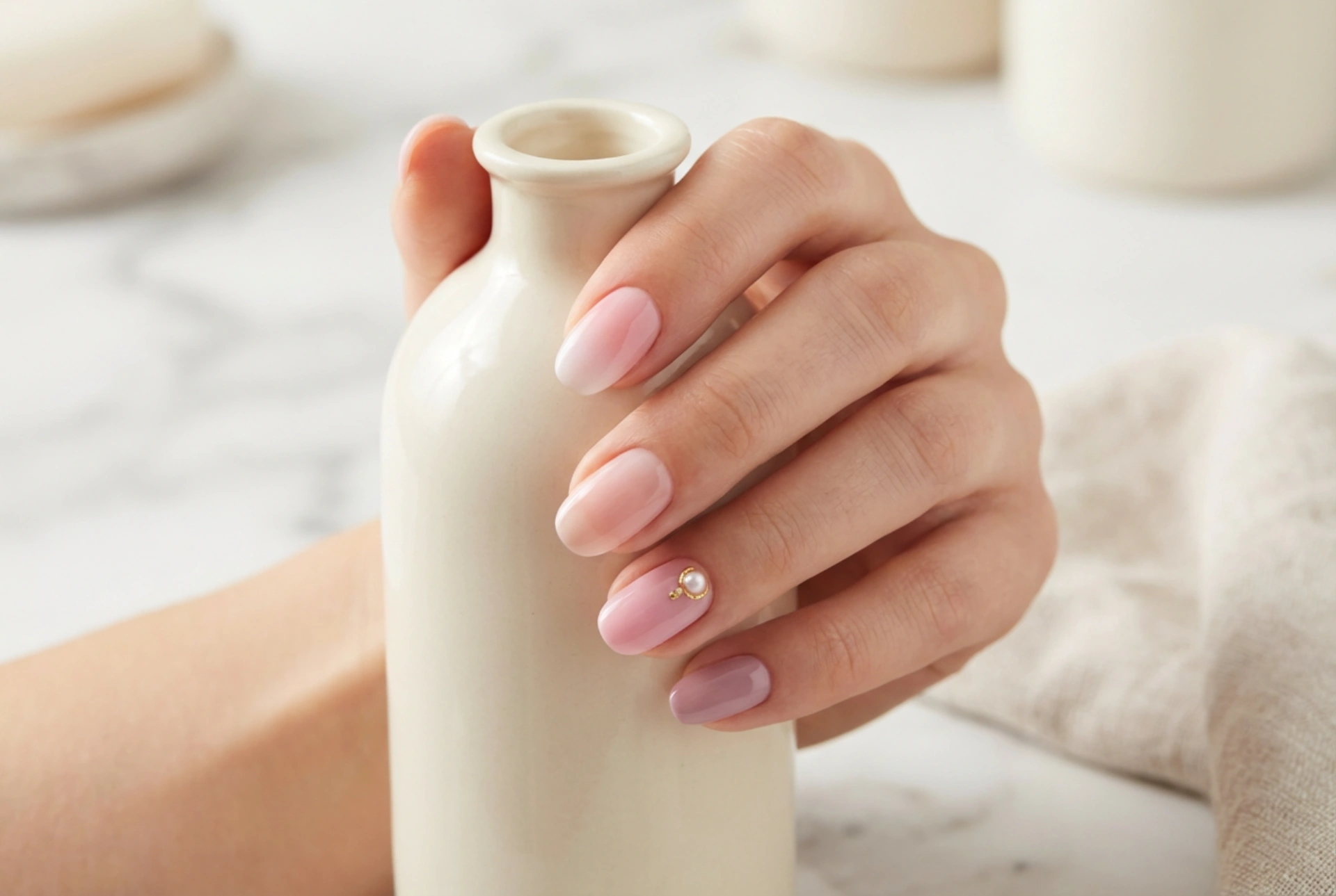 Růžové hybridní nehty: odstíny, baby boomer a jemný akcent