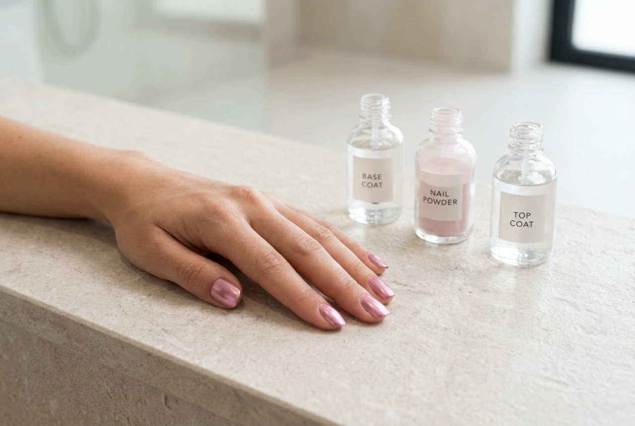 Metalické růžové nehty krok za krokem: báze, pudry a top coat