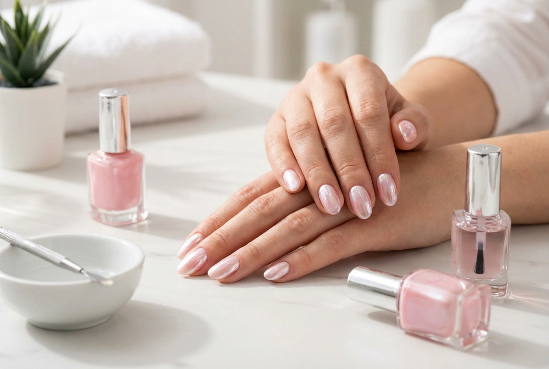 Perleťově růžové nehty: efekt mušle krok za krokem