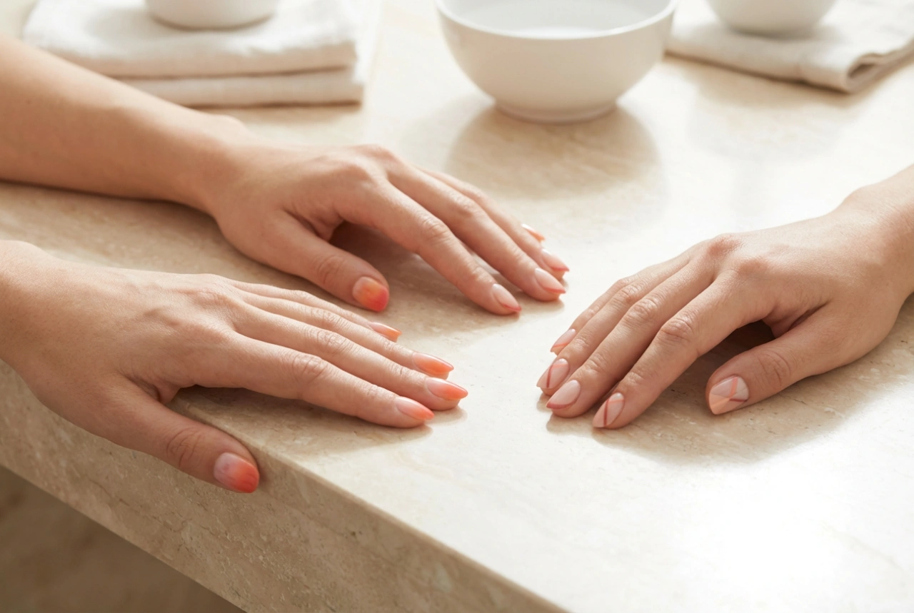 Oranžovo-růžové nehty: ombré, francouzská manikúra a geometrické vzory