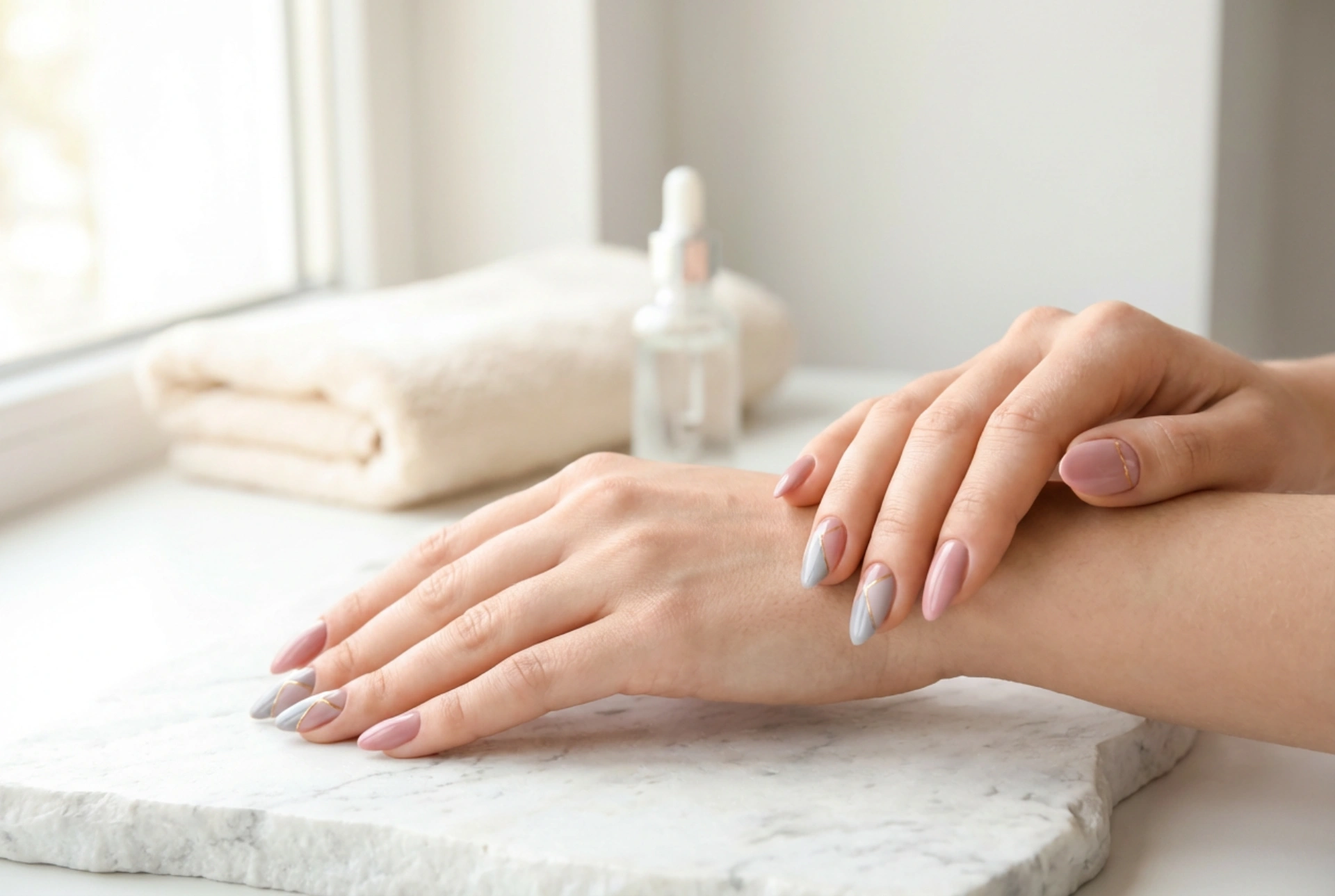 Růžové a šedé nehty: jemné kontrasty krok za krokem