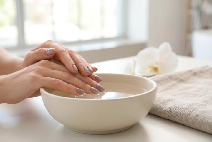 Růžovo-šedé nehty se třpytkami: elegantní lesk bez přehánění