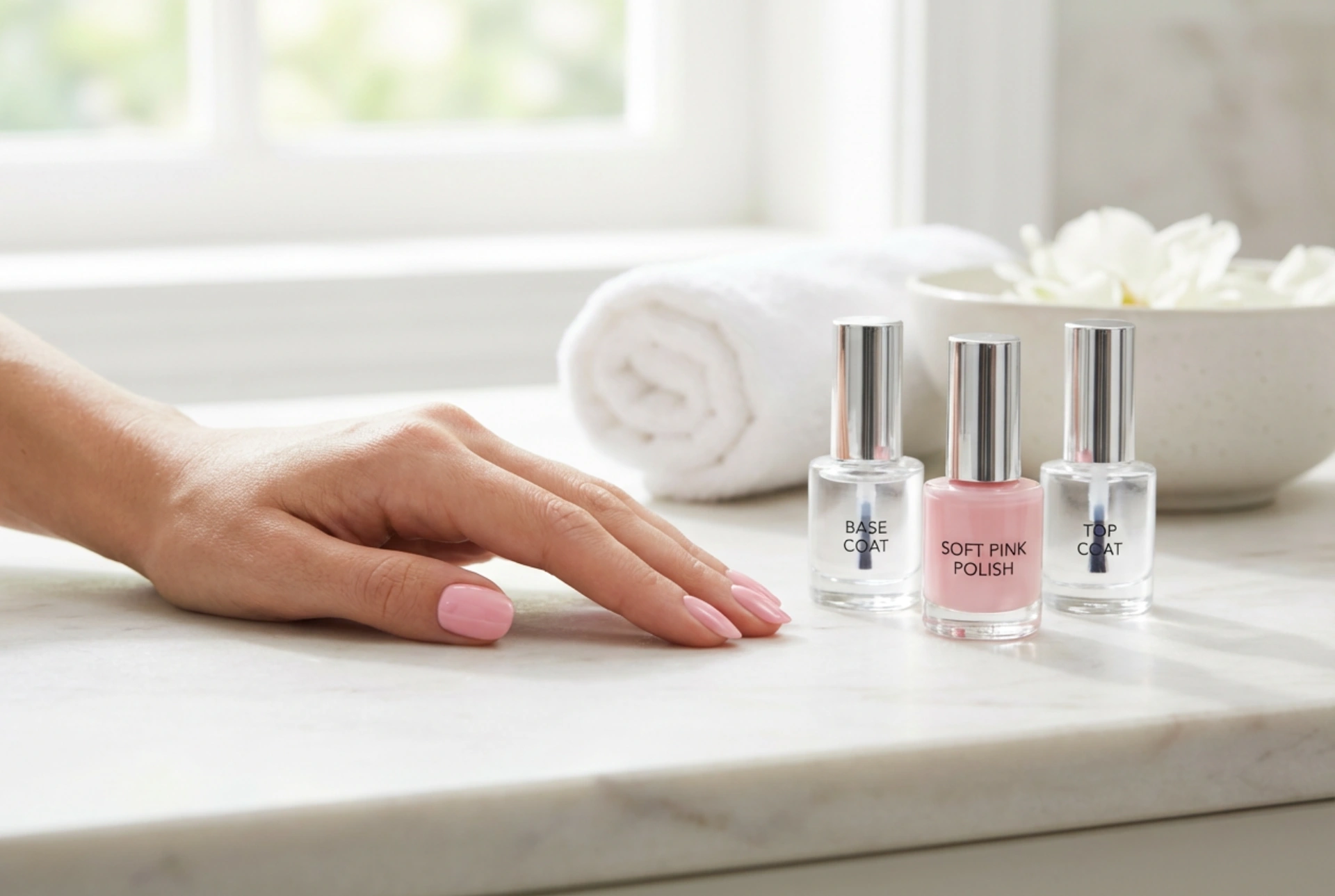 Růžové hybridní nehty krok za krokem: báze, barva, top