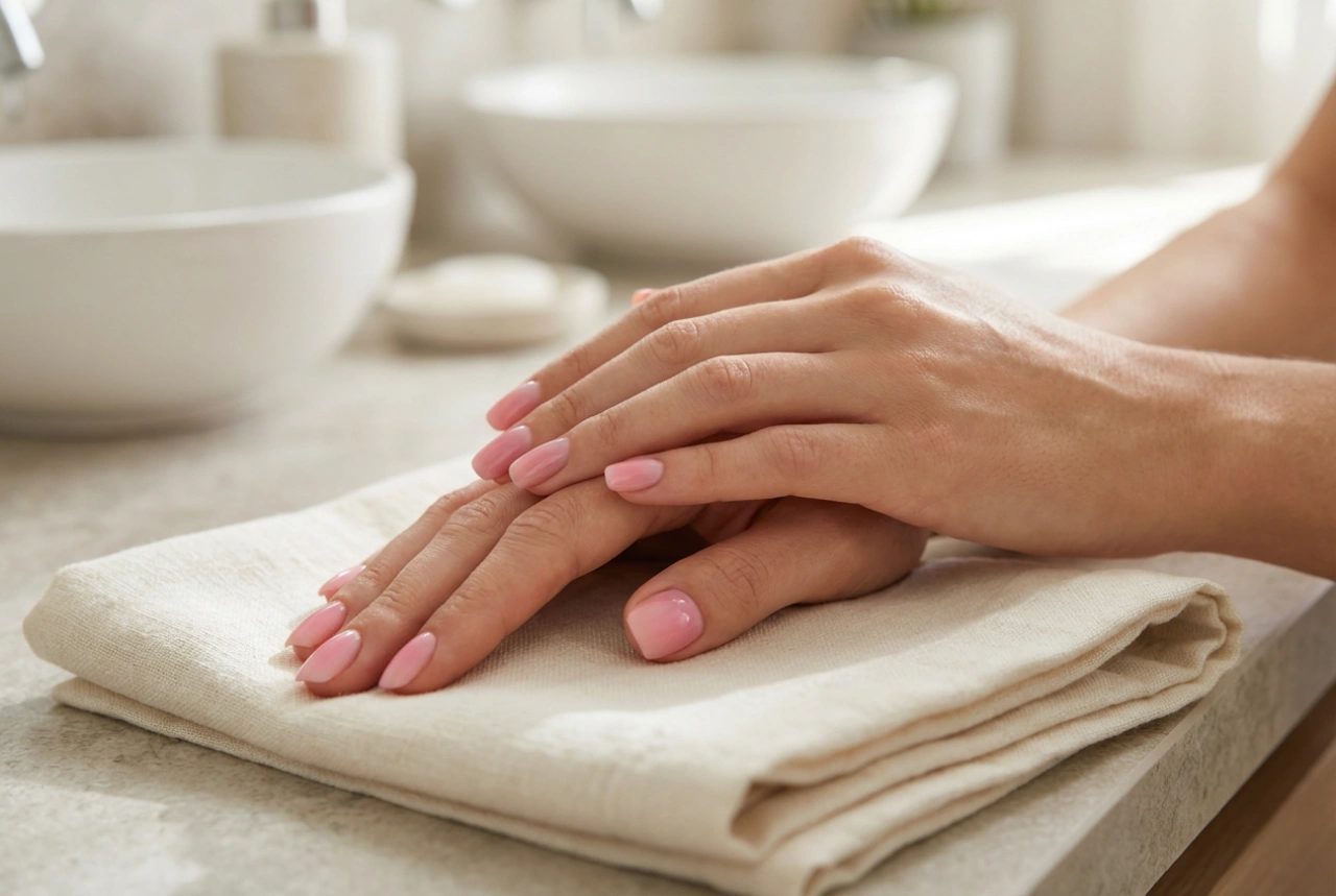 Růžové gelové nehty: stavba ploténky, stínování barvy a top coat