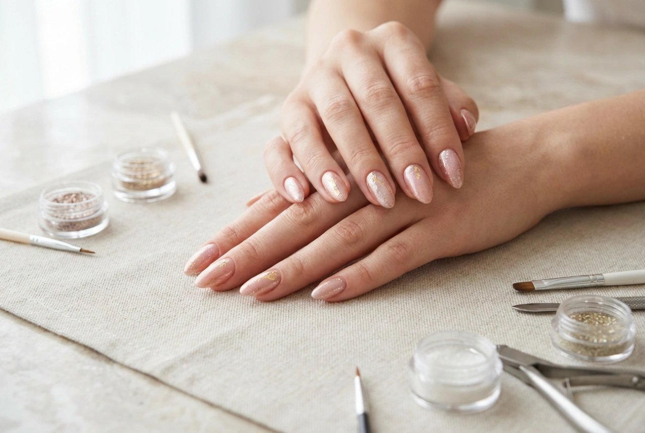 Růžovo-zlaté nehty: jemný lesk, fólie a pudry