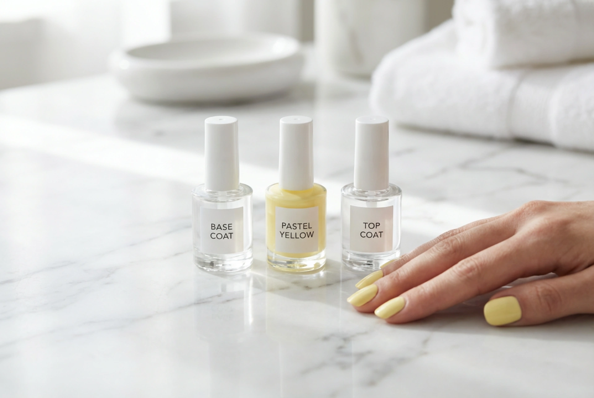 Žluté pastelové nehty bez šmouh: báze, vrstvení a top coat