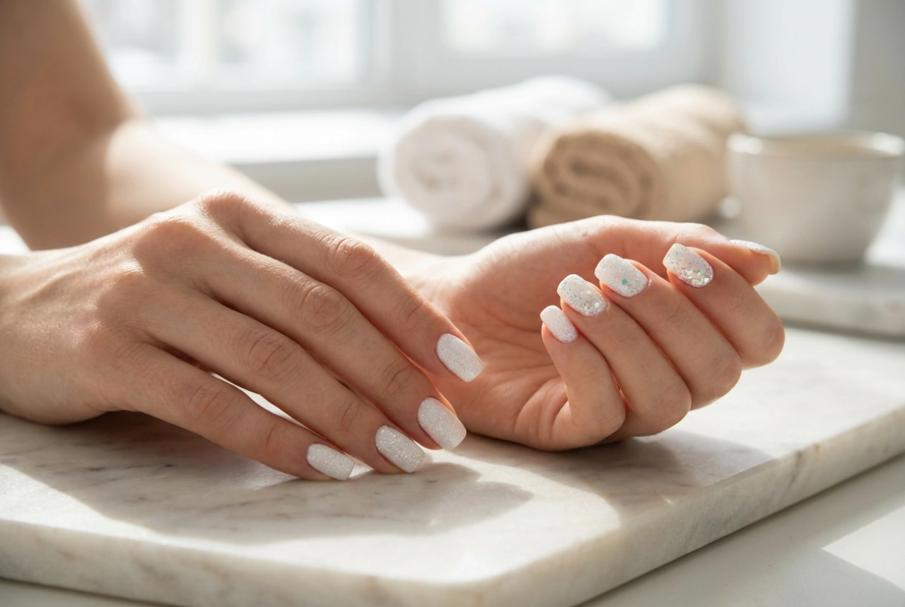 Bílé třpytivé nehty: od jemného třpytu po výrazný glitr