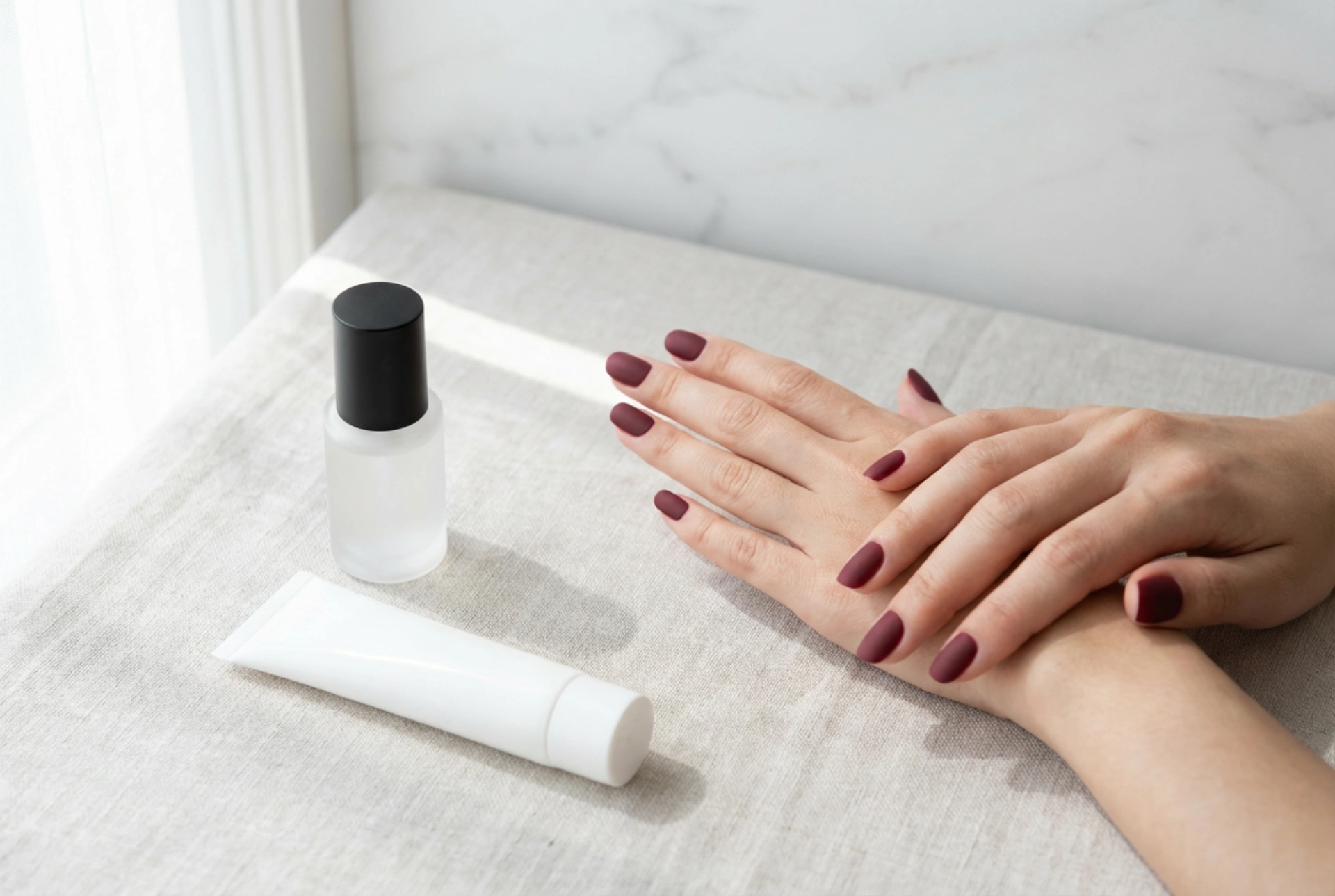 Bordó matné nehty: hloubka barvy, matný top coat a péče