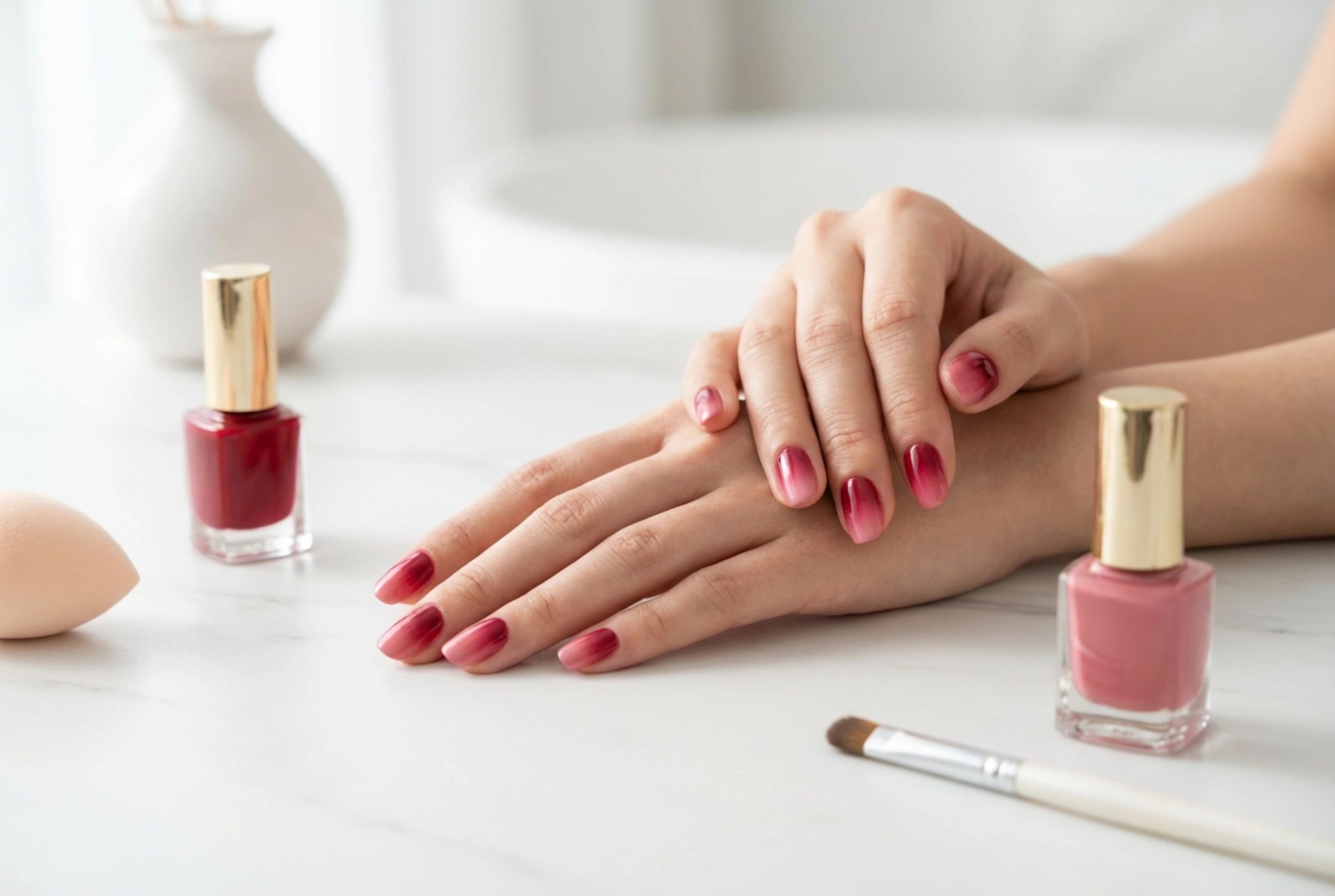 Červené ombre nehty: techniky stínování houbičkou a štětečkem