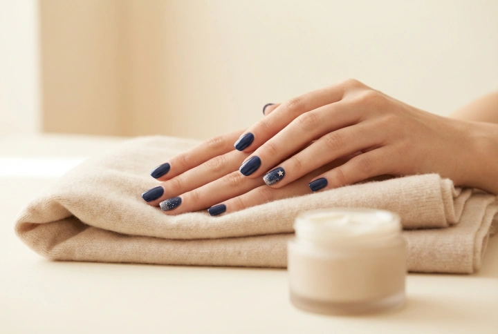 Tmavě modré vánoční nehty: techniky s hvězdičkou a jemným třpytem