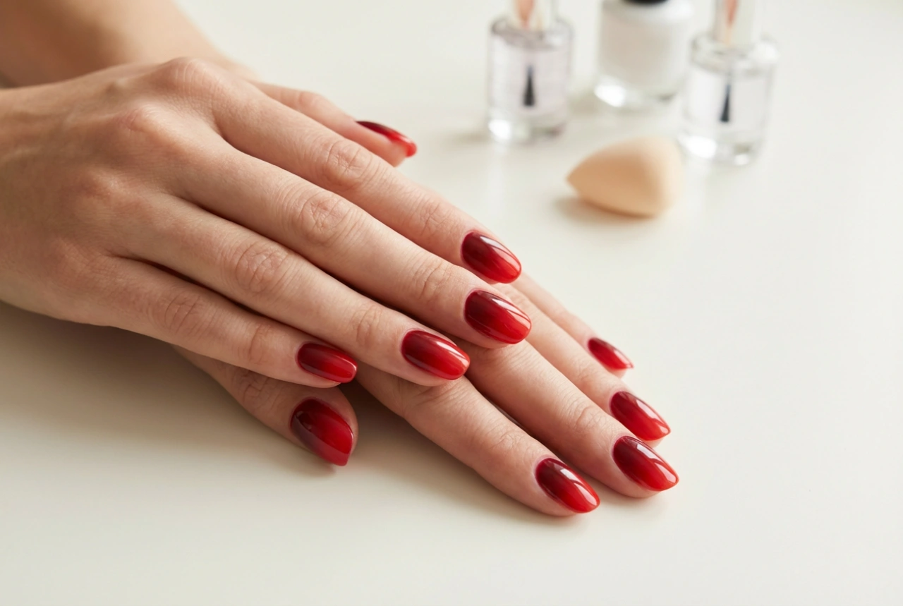 Červené Ombré nehty: výběr odstínů, houbička a zajištění top coatem