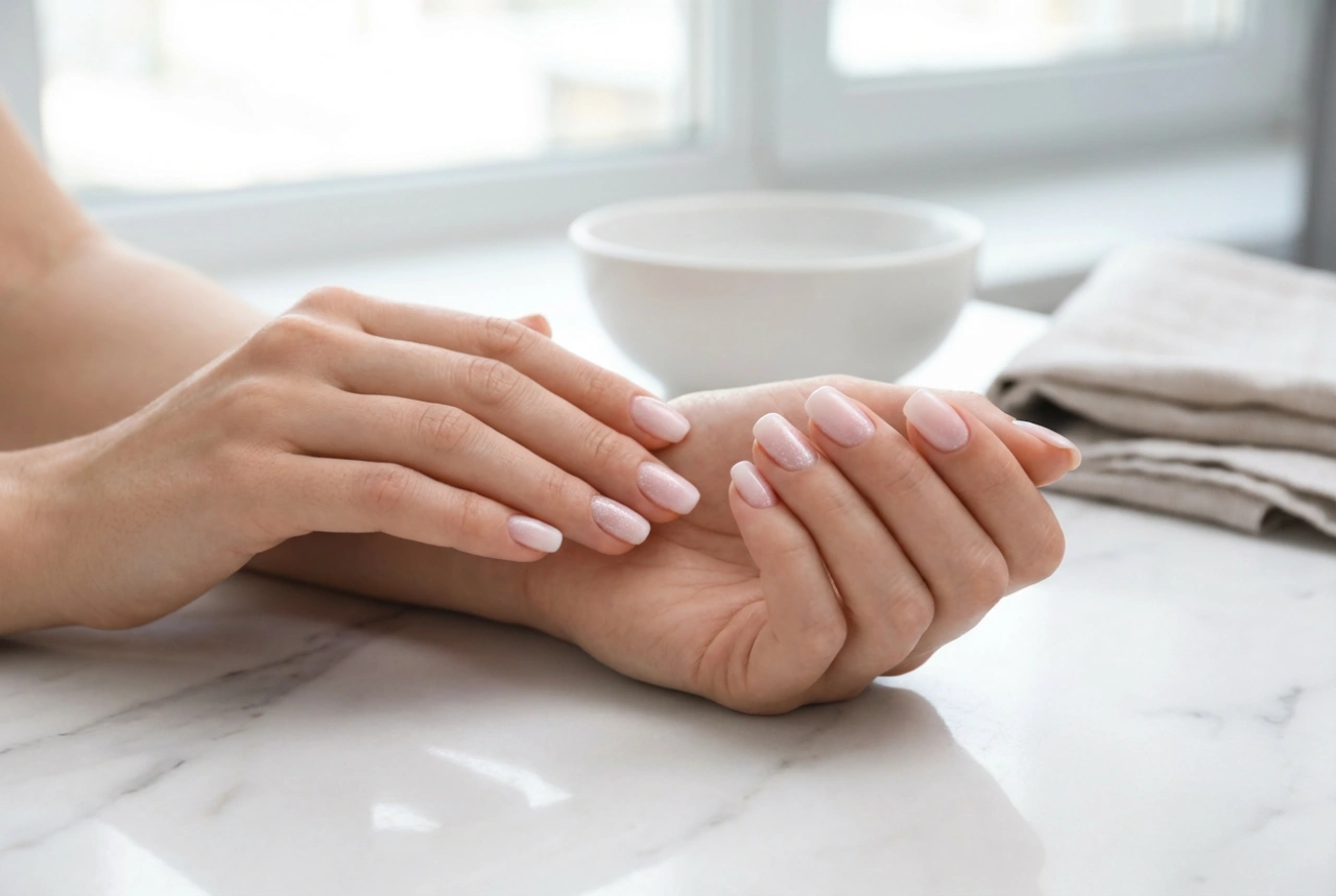 Světlé ombre nehty se třpytkami: jemný lesk bez nedokonalostí