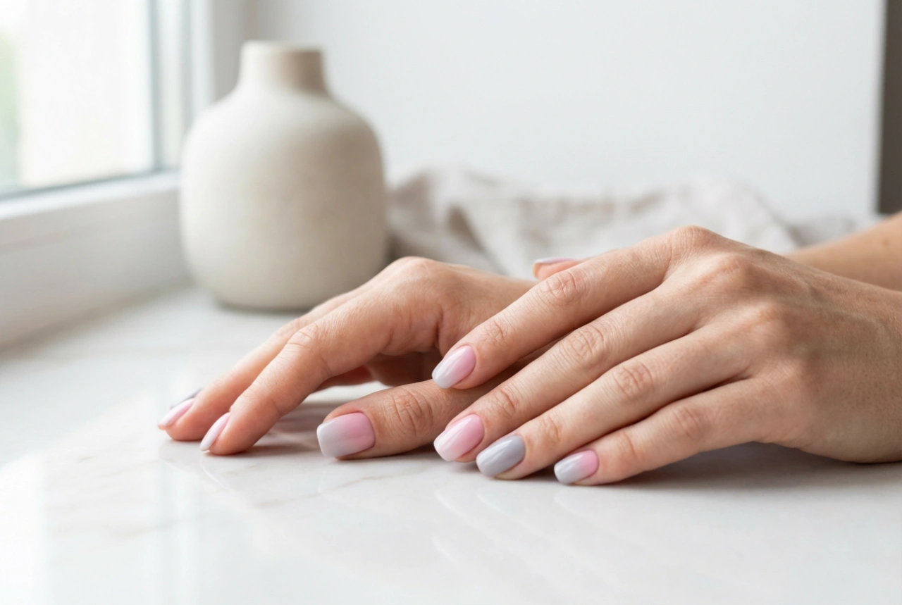 Růžovo-šedé ombre nehty: elegantní duo do práce i na večer