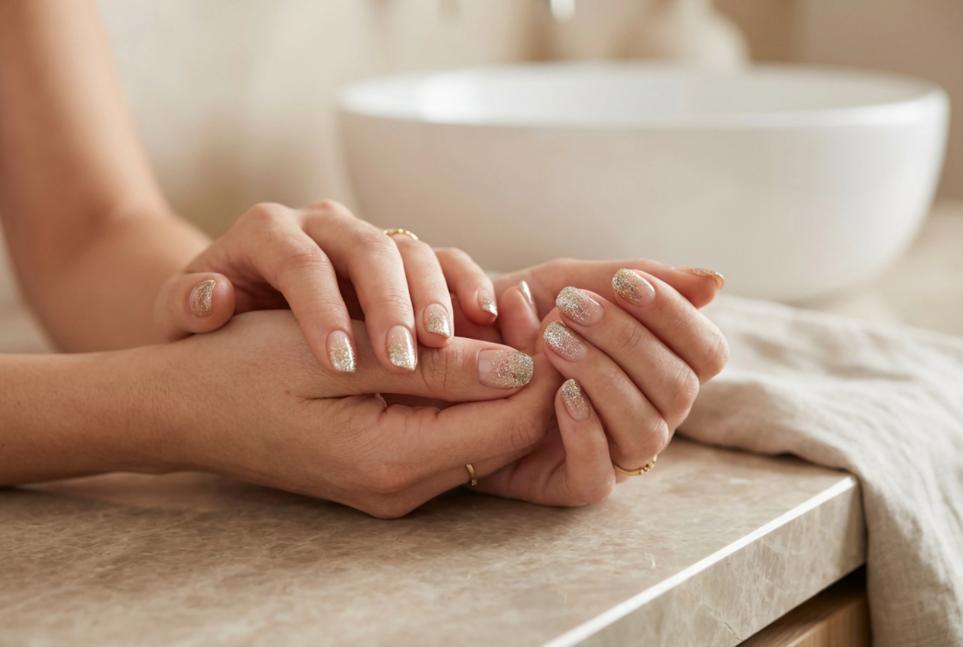 Efekt lesku: Ombre nehty s třpytkami, proporce a fixace