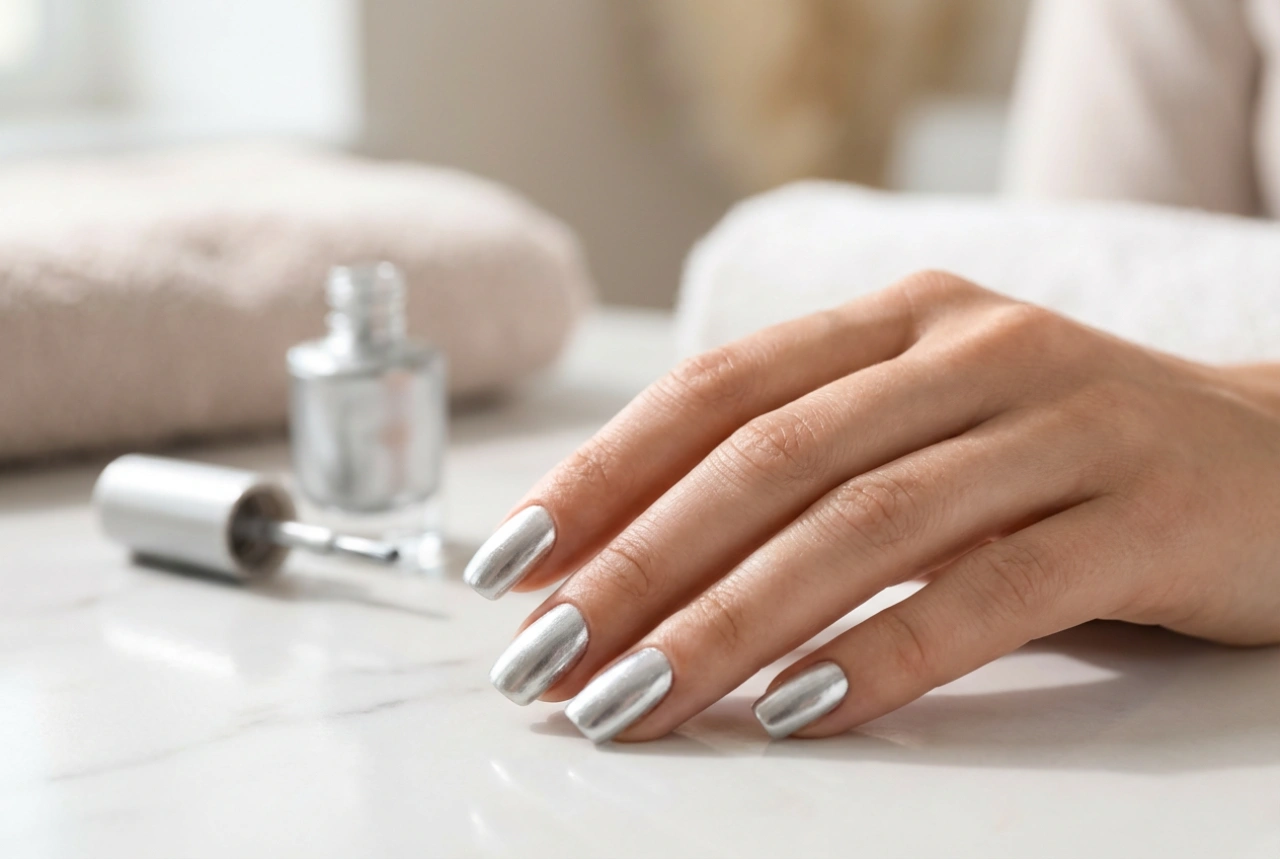 Stříbrný lak na nehty: rovnoměrný lesk a trvanlivý finiš