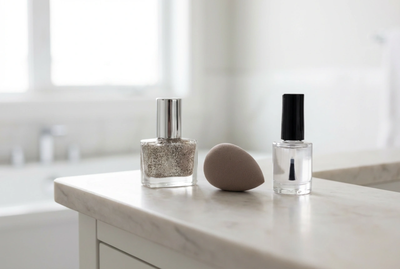 Třpytivé hybridní laky: Rovnoměrný třpyt, houbička a top coat