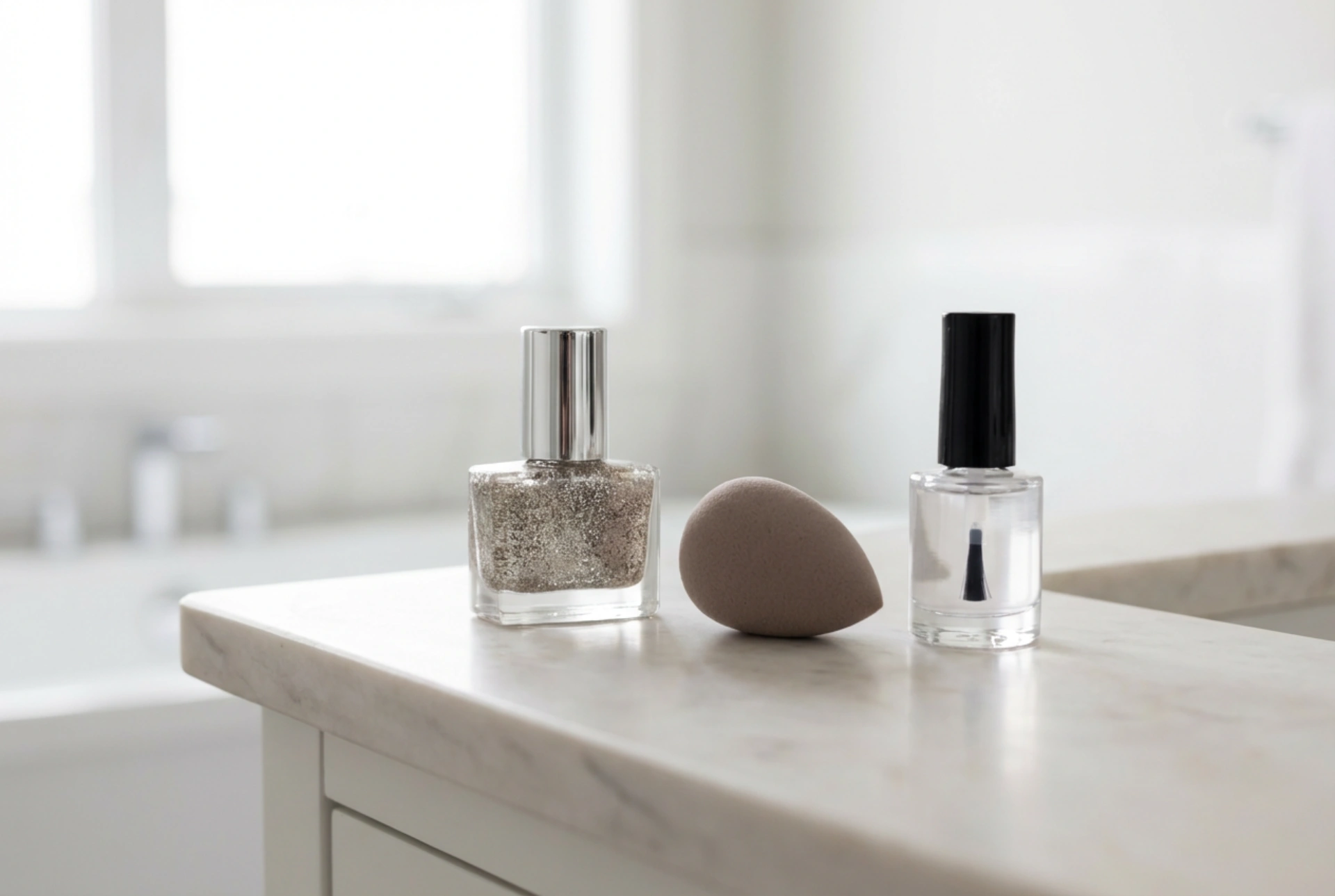 Třpytivé hybridní laky: Rovnoměrný třpyt, houbička a top coat