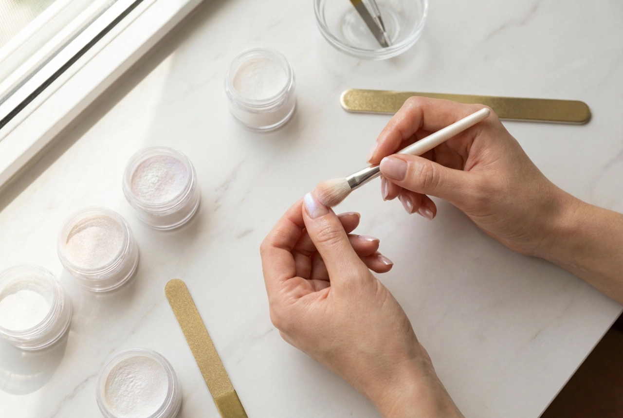 Pudr na nehty krok za krokem: aplikace, zajištění a chyby