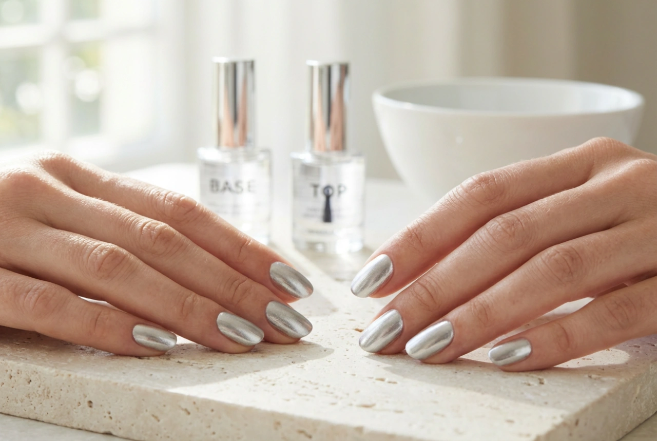 Stříbrný lak na nehty bez šmouh: báze, tenké vrstvy a top coat