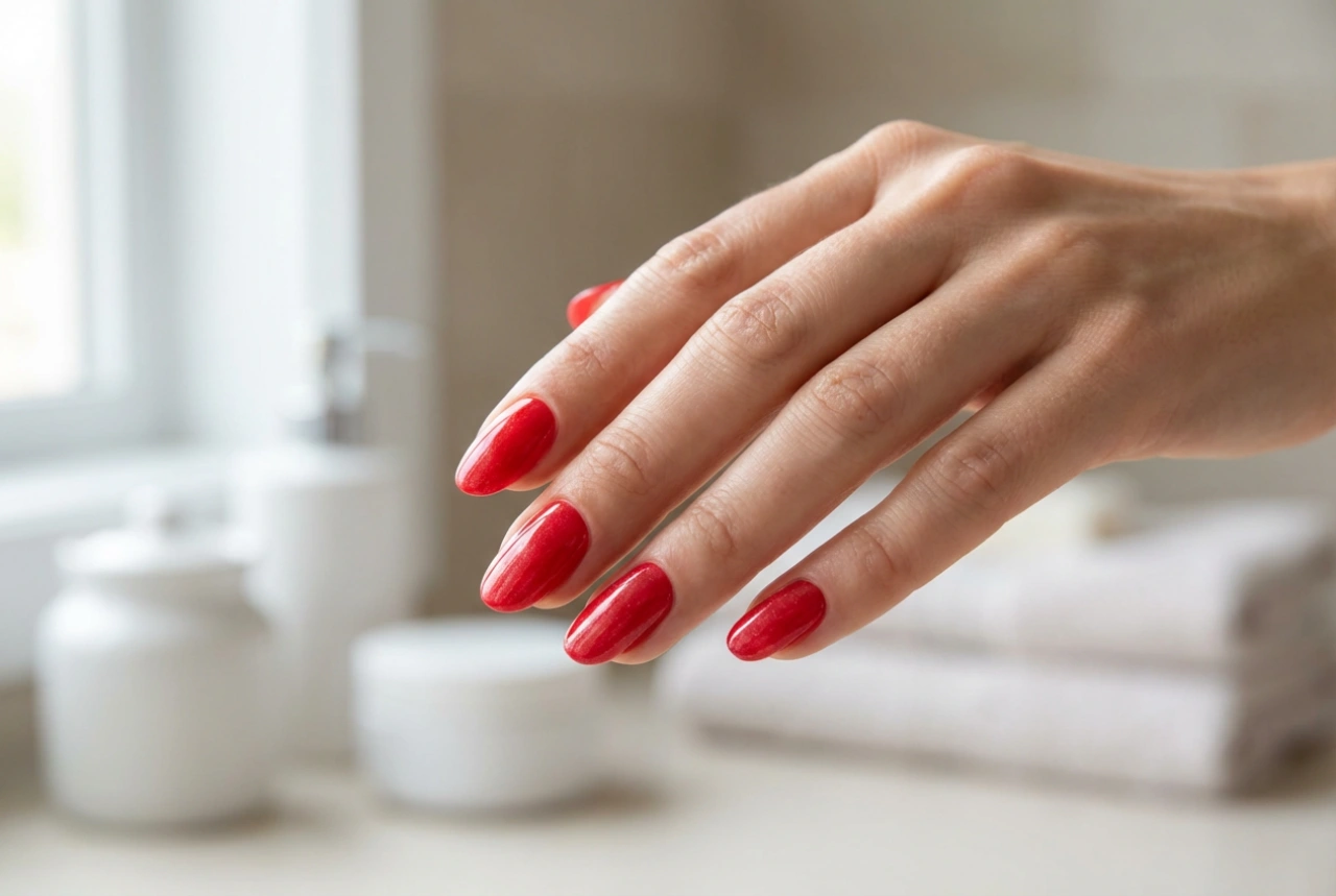 Červené nehty s pyly: krok za krokem k efektu lesklého povrchu