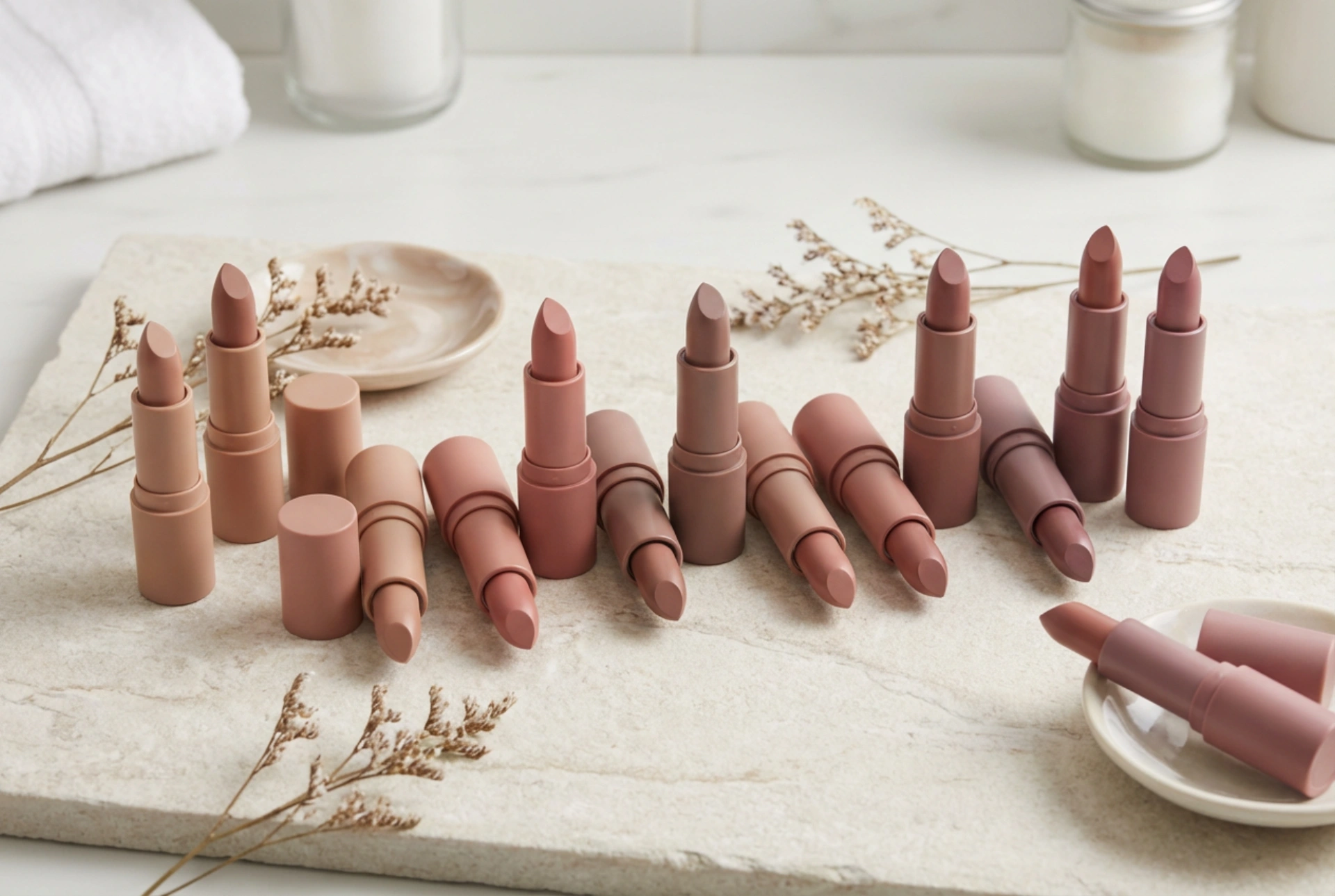 Nude rtěnka: výběr odstínu podle tónu pleti a techniky aplikace